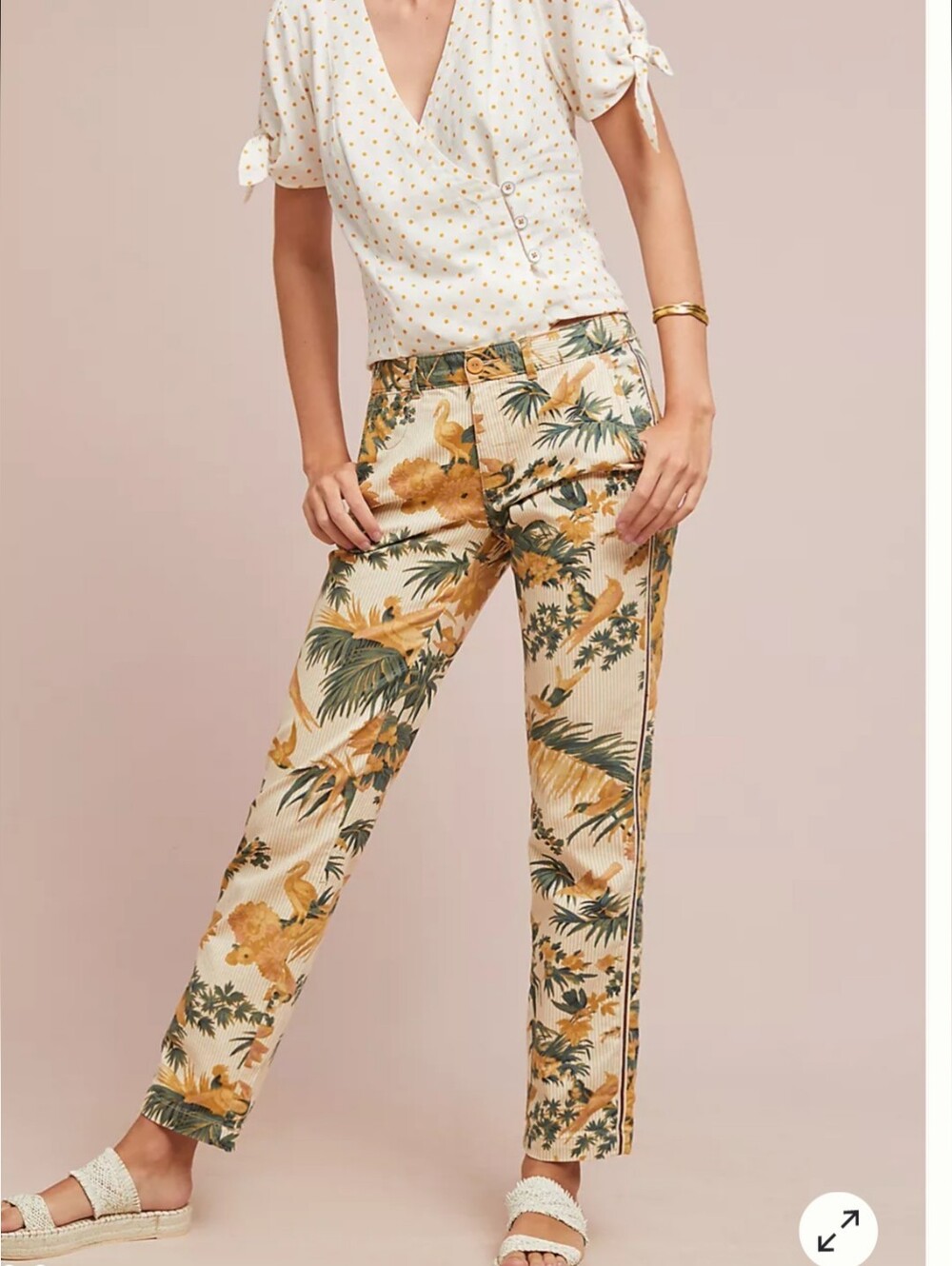 Anthropologie Chino ChNo Tropical Print Straight Leg Pants Cream Yellow Olive 27
